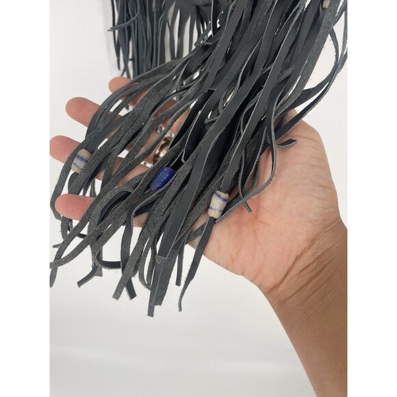 Handmade Native Medicine Pouch Necklace Black Leather Fringe Bead Bag - Picture 4 of 6